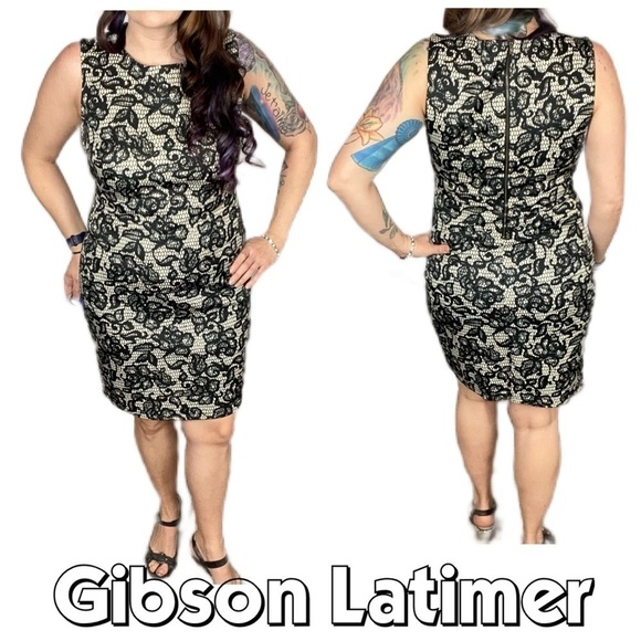 Gibson Latimer black nude lace print sheath bodycon dress sleeveless work - Picture 1 of 12